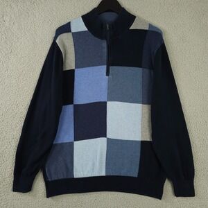 Alan Flusser Sweater Mens Medium Blue Block 1/4 Zip Mock Neck Pullover FLAW‎